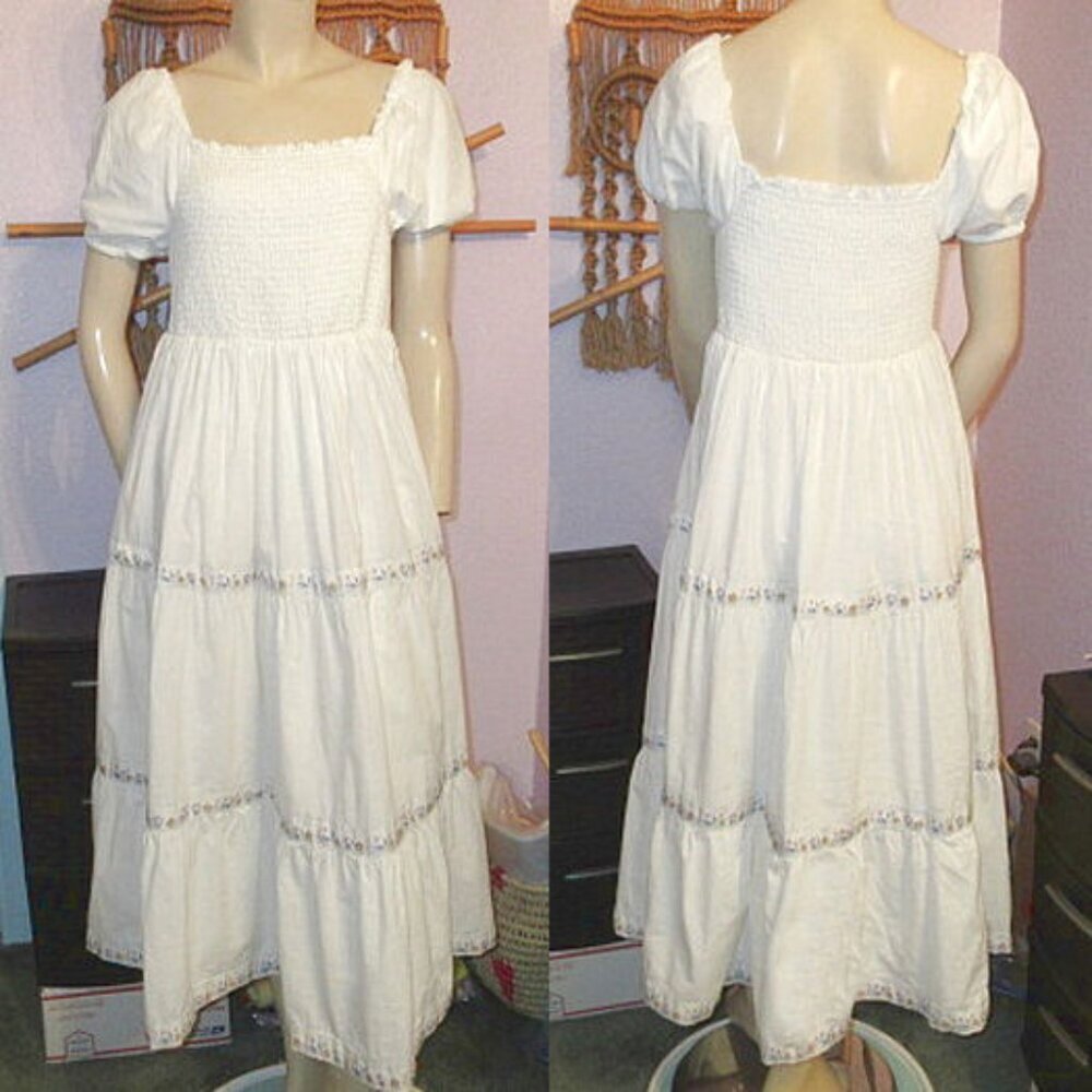 Rachel Zoe Milkmaid Dress Size 6 Puff Sleeves Smocked Tiered Midi Coquette Boho